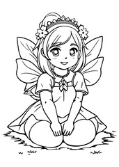 Fototapeta premium Portrait of a sitting cute fairy girl with wings and with long blonde hair in a cute dress. Printable coloring book page, antistress for children and adults.