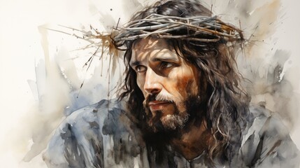Naklejka na ściany i meble Jesus painting in watercolor with a crown of thorns. Watercolor illustration. Generative Ai