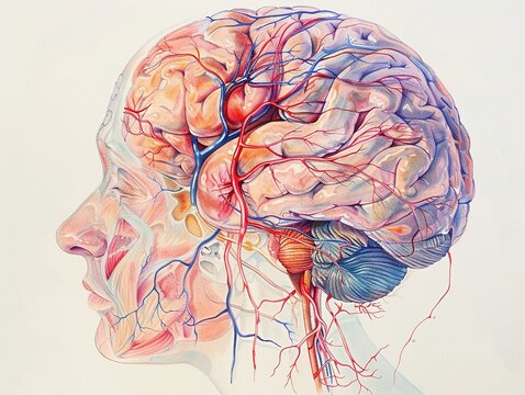 Illustrate the brain affected by a stroke resulting in paralysis and speech impairment.