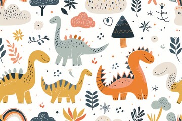 Obraz premium Colorful cartoon dinosaurs in a whimsical landscape. This vibrant image showcases playful cartoon dinosaurs in a variety of colors, surrounded by whimsical flora and other cute elements