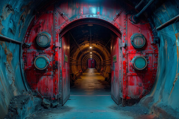 Nuclear fallout shelter entrance adorned, stark reminder of the persistent threat of nuclear warfare