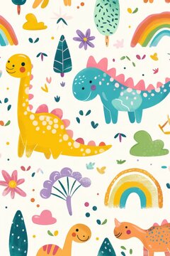 Colorful cartoon dinosaurs in a whimsical landscape. This vibrant image showcases playful cartoon dinosaurs in a variety of colors, surrounded by whimsical flora and other cute elements