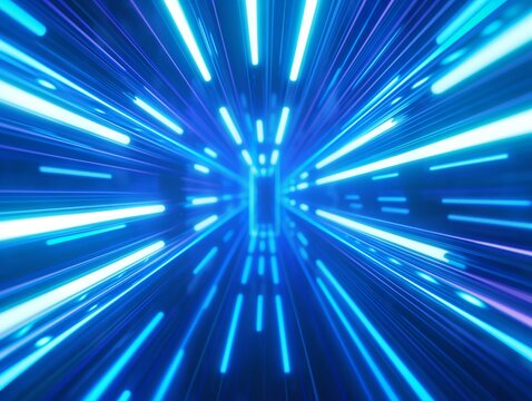 Dynamic image depicting a vibrant blue neon tunnel with a sense of high-speed motion.