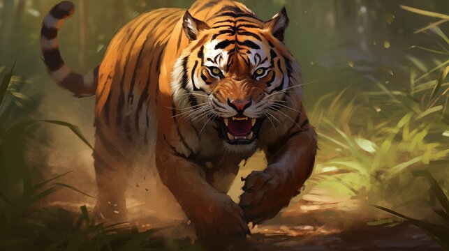 A predatory tiger walks forward with its mouth open