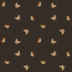 Brown butterflies, watercolor seamless minimalist pattern on dark background. For use in design, fabric, textile