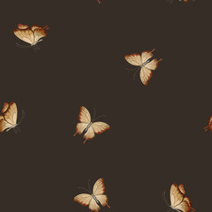 Brown butterflies, watercolor seamless minimalist pattern on dark background. For use in design, fabric, textile