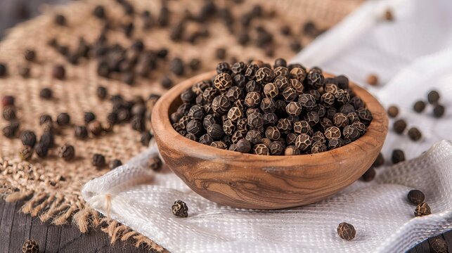 A wooden bowl filled to the brim with black peppercorns was covered in white fabric.