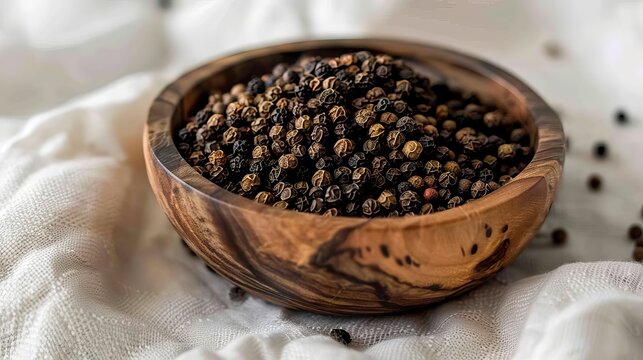 A wooden bowl filled to the brim with black peppercorns was covered in white fabric.