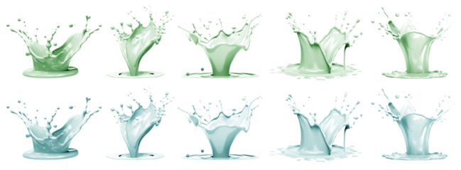 2 Set of pastel green turquoise blue cream liquid paint ink splash swirl wave on transparent background cutout, PNG file. Many assorted different design. Mockup template for artwork graphic design