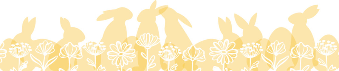 Yellow Easter floral border design, vector festive background with rabbits eggs and flowers, holiday greeting concept