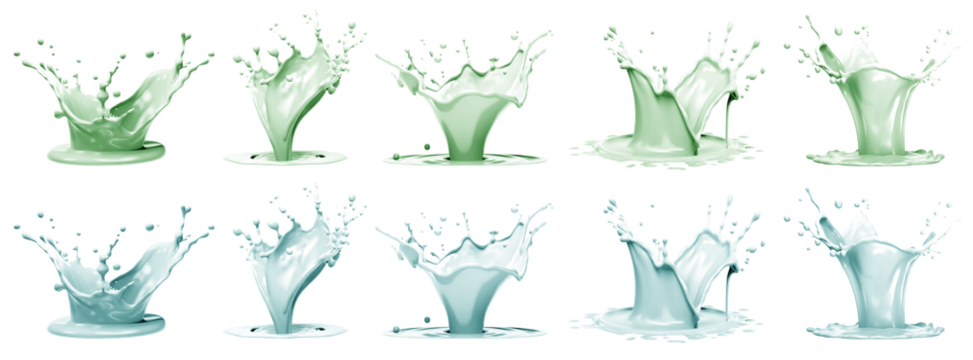 2 Set of pastel green turquoise blue cream liquid paint ink splash swirl wave on transparent background cutout, PNG file. Many assorted different design. Mockup template for artwork graphic design