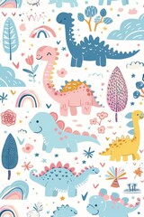 Obraz premium Colorful cartoon dinosaurs in a whimsical landscape. This vibrant image showcases playful cartoon dinosaurs in a variety of colors, surrounded by whimsical flora and other cute elements