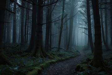 Mystical magic exotic forest with shiny neon illumination. Surreal and enchanting artwork