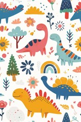 Obraz premium Colorful cartoon dinosaurs in a whimsical landscape. This vibrant image showcases playful cartoon dinosaurs in a variety of colors, surrounded by whimsical flora and other cute elements
