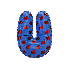 3D inflated balloon letter U with red & blue power lightning comic hero pattern hexagon surface