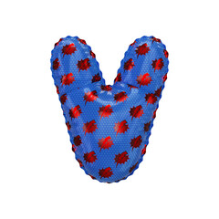 3D inflated balloon letter V with red & blue power lightning comic hero pattern hexagon surface