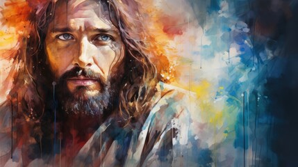 Jesus Christ Abstract Watercolor Background with vibrant colors. Watercolor illustration. Generative Ai