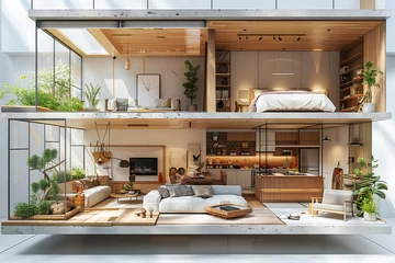 Foto op Plexiglas Cozy house interior with furniture, cross section model 3d rendering with large living space, upper floor with bedroom and room to personalize © acrogame