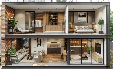 Foto op Canvas Cozy house interior with furniture, cross section model 3d rendering: upper floor with bedroom and wardrobe, ground floor with great living space to personalize © acrogame
