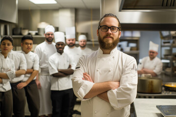 Fototapeta na wymiar Chef Leading Culinary Ensemble in Restaurant Kitchen