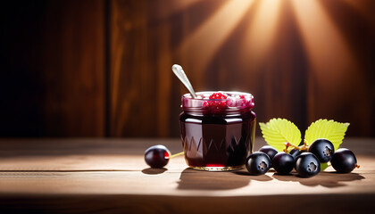 Homemade blackcurrant jam in glass jar and fresh berries on wooden background - obrazy, fototapety, plakaty