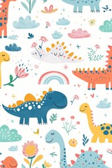 Colorful cartoon dinosaurs in a whimsical landscape. This vibrant image showcases playful cartoon dinosaurs in a variety of colors, surrounded by whimsical flora and other cute elements
