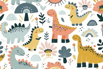 Obraz premium Colorful cartoon dinosaurs in a whimsical landscape. This vibrant image showcases playful cartoon dinosaurs in a variety of colors, surrounded by whimsical flora and other cute elements