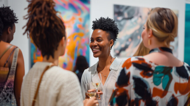 African woman art curator and gallerist opening night at an art exhibition. A successful art gallery opening is all about creating a buzz. You want people to be talking about the art and buying