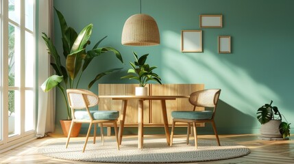 Chairs in mint color around a wooden dining table. Generative Ai
