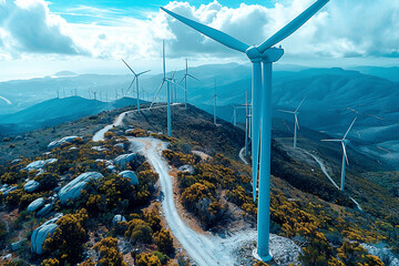 Wind farm stretching across picturesque landscape, capturing graceful rotation of wind turbines harnessing renewable energy - obrazy, fototapety, plakaty