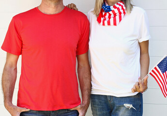 4th of July USA Independence Day , Girl- Man Red and White t shirt mock up. Copy space blank t-shirt model. Celebration memorial day in America.	 - obrazy, fototapety, plakaty