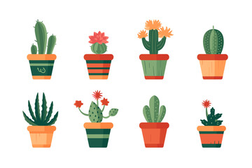 Cactus and succulent plants in pots. Illustration set of hand drawn cacti and succulents growing in cute little pots. Simple cartoon vector style.