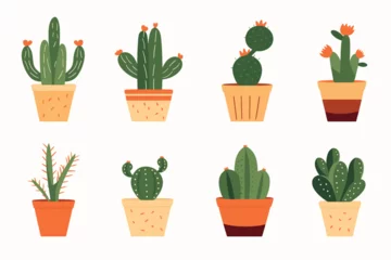 Foto op Plexiglas Cactus in pot Cactus and succulent plants in pots. Illustration set of hand drawn cacti and succulents growing in cute little pots. Simple cartoon vector style.