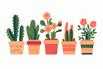 Cactus and succulent plants in pots. Illustration set of hand drawn cacti and succulents growing in cute little pots. Simple cartoon vector style.