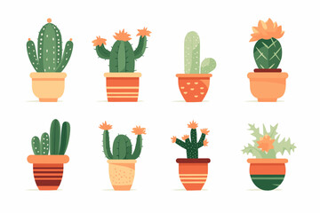 Cactus and succulent plants in pots. Illustration set of hand drawn cacti and succulents growing in cute little pots. Simple cartoon vector style.
