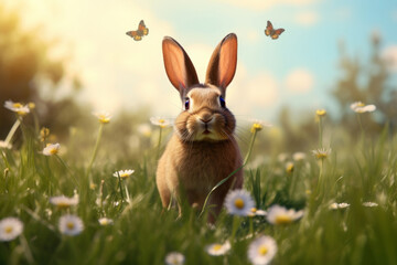 Easter bunny is sitting on a sunny meadow in daisies, butterflies are flying over him. - obrazy, fototapety, plakaty