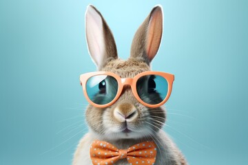 Funny bunny in sunglasses and bow tie on a blue background. Easter Postcard
