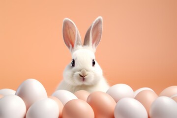 Easter bunny with eggs on a peach background. Easter Postcard. Peach Fuzz Color of the Year 2024