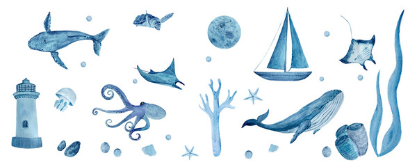 Watercolor hand-drawn blue monochromatic border isolated on white. Whales, manta rays, shells, starfish, jellyfish and octopus - obrazy, fototapety, plakaty