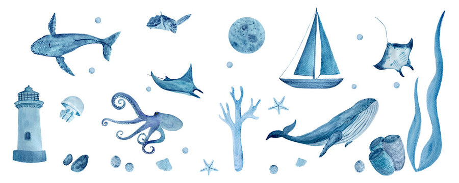 Watercolor hand-drawn blue monochromatic border isolated on white. Whales, manta rays, shells, starfish, jellyfish and octopus
