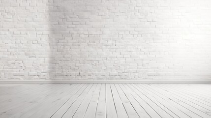 Fototapeta premium empty gallery interior room with old white brick wall texture and brown grunge wooden plank floor pattern, blank space background or backdrop for design element and display product in vintage style
