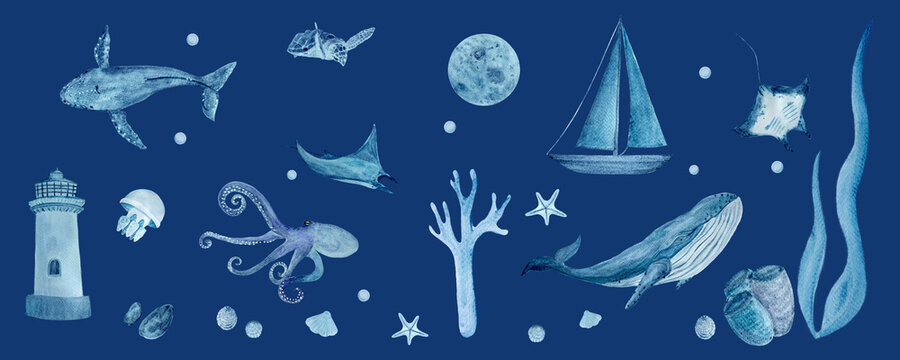 Watercolor hand-drawn blue monochromatic border isolated on dark blue. Whales, manta rays, shells, starfish, jellyfish and octopus