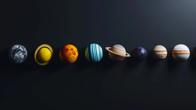Aesthetic flat lay realistic planet models. Black background. Space and galactic education concept. Generative AI