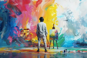 Painter in White Overalls, Exuding Confidence and Artistic Expression with a Vibrant Canvas Masterpiece - obrazy, fototapety, plakaty