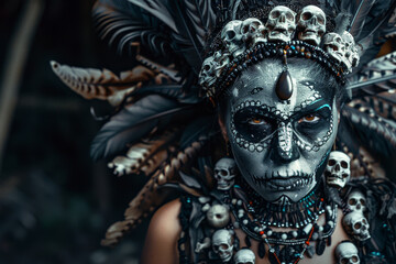 Portrait of a person with tribal makeup and headdress featuring feathers and skull decorations, evoking a mystical or shamanic appearance.