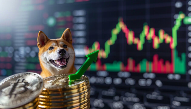 Dogecoin cryptocurrency golden symbol and stock chart candlestick on tablets. Use technology cryptocurrency blockchain. with Capital Gain, Fundamental. Dogecoin global payment altcoin market - Powered by Adobe