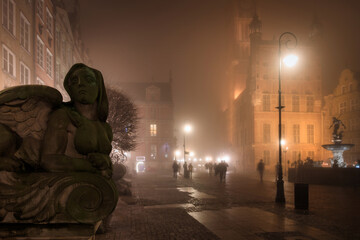Foggy scenery of the Long Lane street in the main town of Gdansk. Poland