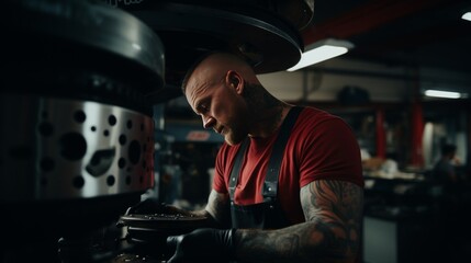 Professional mechanic replacing brake pads on a vehicle during routine maintenance work