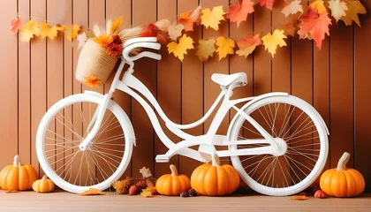 Poster A white bicycle with pumpkins and autumn leaves against a wooden background © Iqra