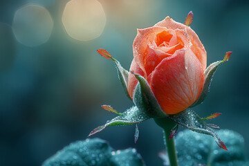 Close-up of a dew-covered rose against a soft bokeh background.